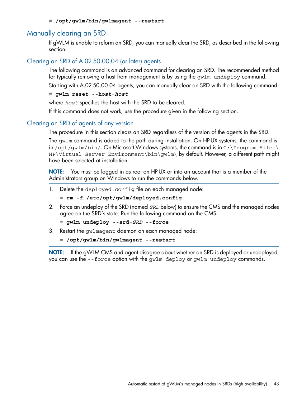 Manually clearing an srd, Clearing an srd of a.02.50.00.04 (or later) agents, Clearing an srd of agents of any version | HP Matrix Operating Environment Software User Manual | Page 43 / 67
