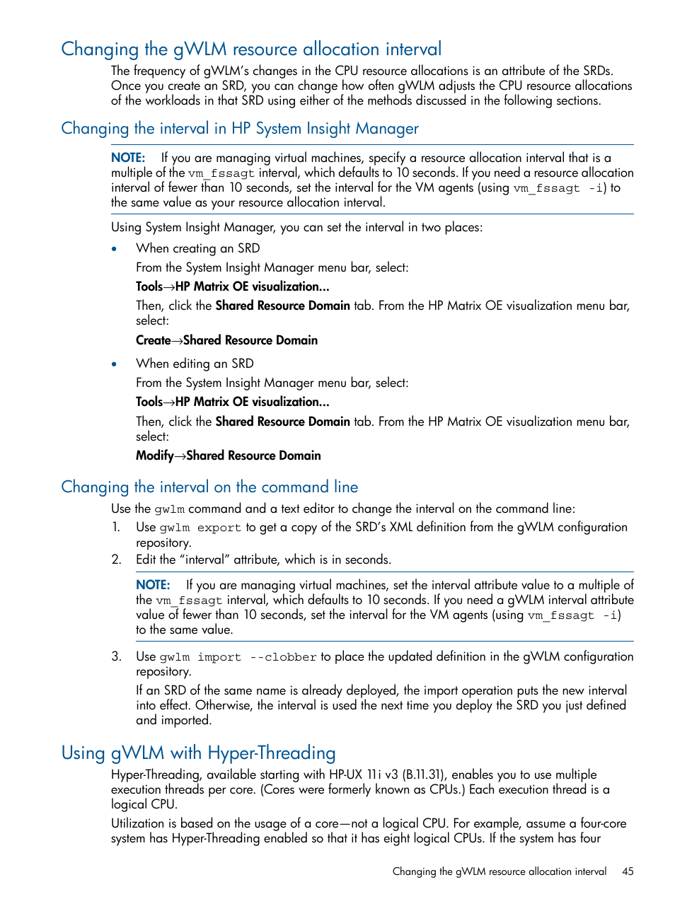 Changing the gwlm resource allocation interval, Changing the interval in hp system insight manager, Changing the interval on the command line | Using gwlm with hyper-threading | HP Matrix Operating Environment Software User Manual | Page 45 / 67