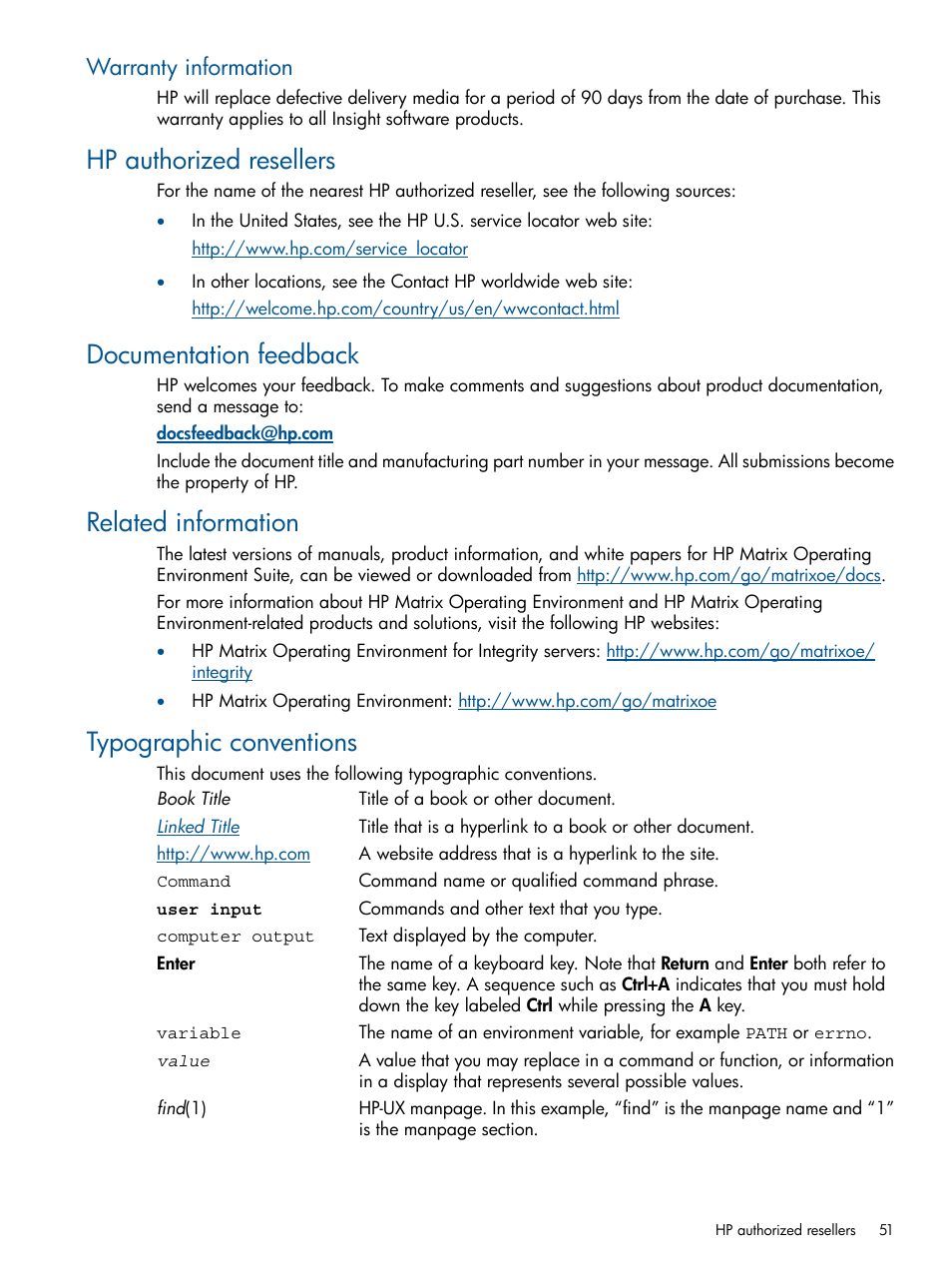 Warranty information, Hp authorized resellers, Documentation feedback | Related information, Typographic conventions | HP Matrix Operating Environment Software User Manual | Page 51 / 67
