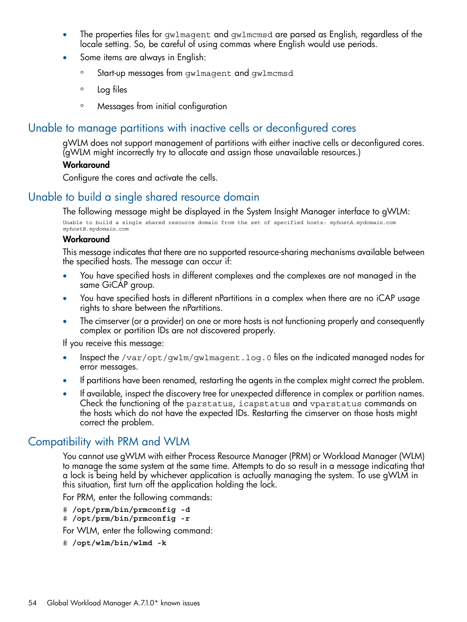 Unable to build a single shared resource domain, Compatibility with prm and wlm | HP Matrix Operating Environment Software User Manual | Page 54 / 67
