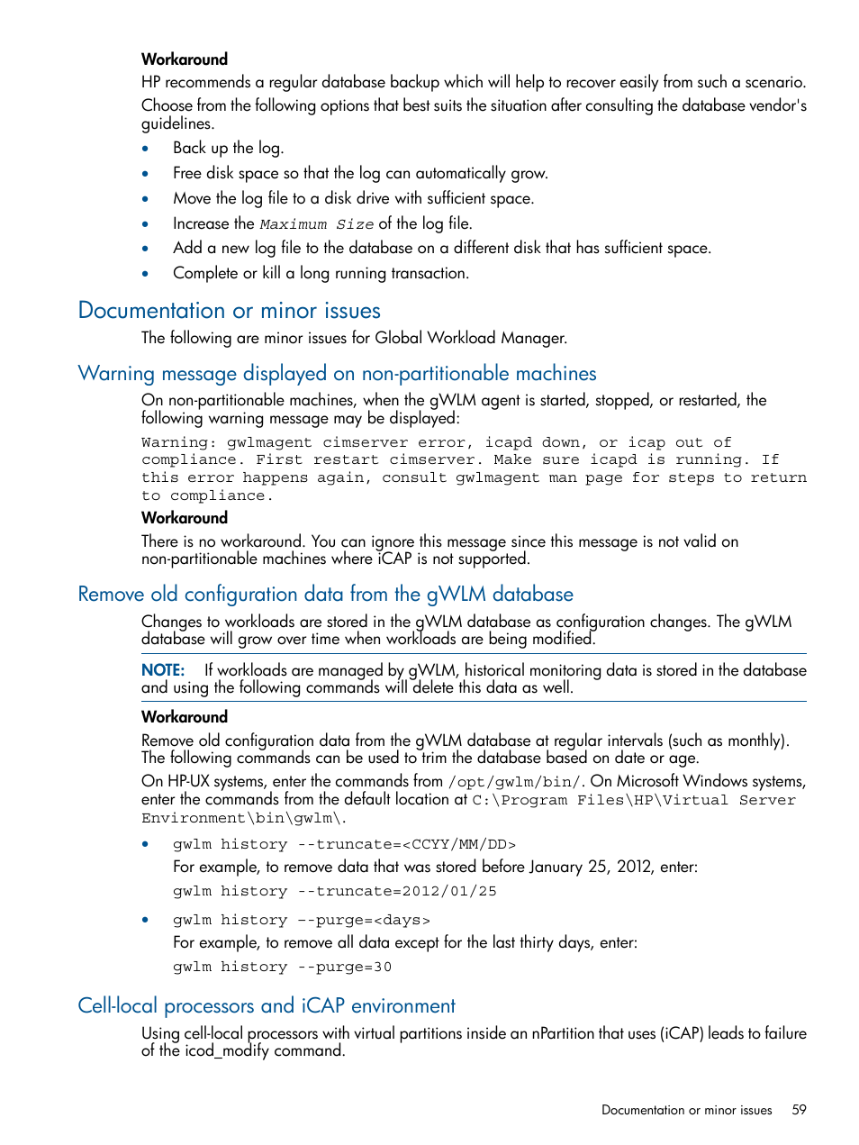 Documentation or minor issues, Cell-local processors and icap environment | HP Matrix Operating Environment Software User Manual | Page 59 / 67