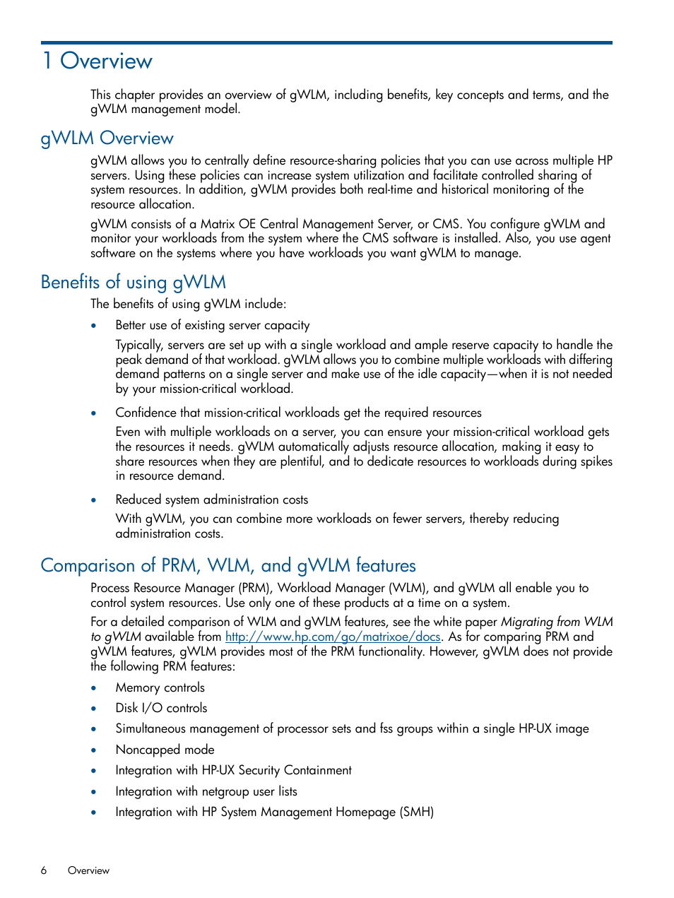 1 overview, Gwlm overview, Benefits of using gwlm | Comparison of prm, wlm, and gwlm features | HP Matrix Operating Environment Software User Manual | Page 6 / 67