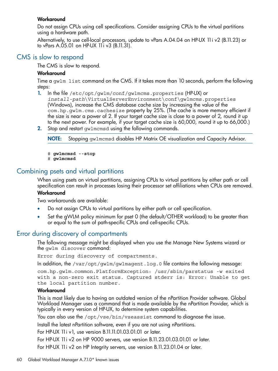 Cms is slow to respond, Combining psets and virtual partitions, Error during discovery of compartments | HP Matrix Operating Environment Software User Manual | Page 60 / 67