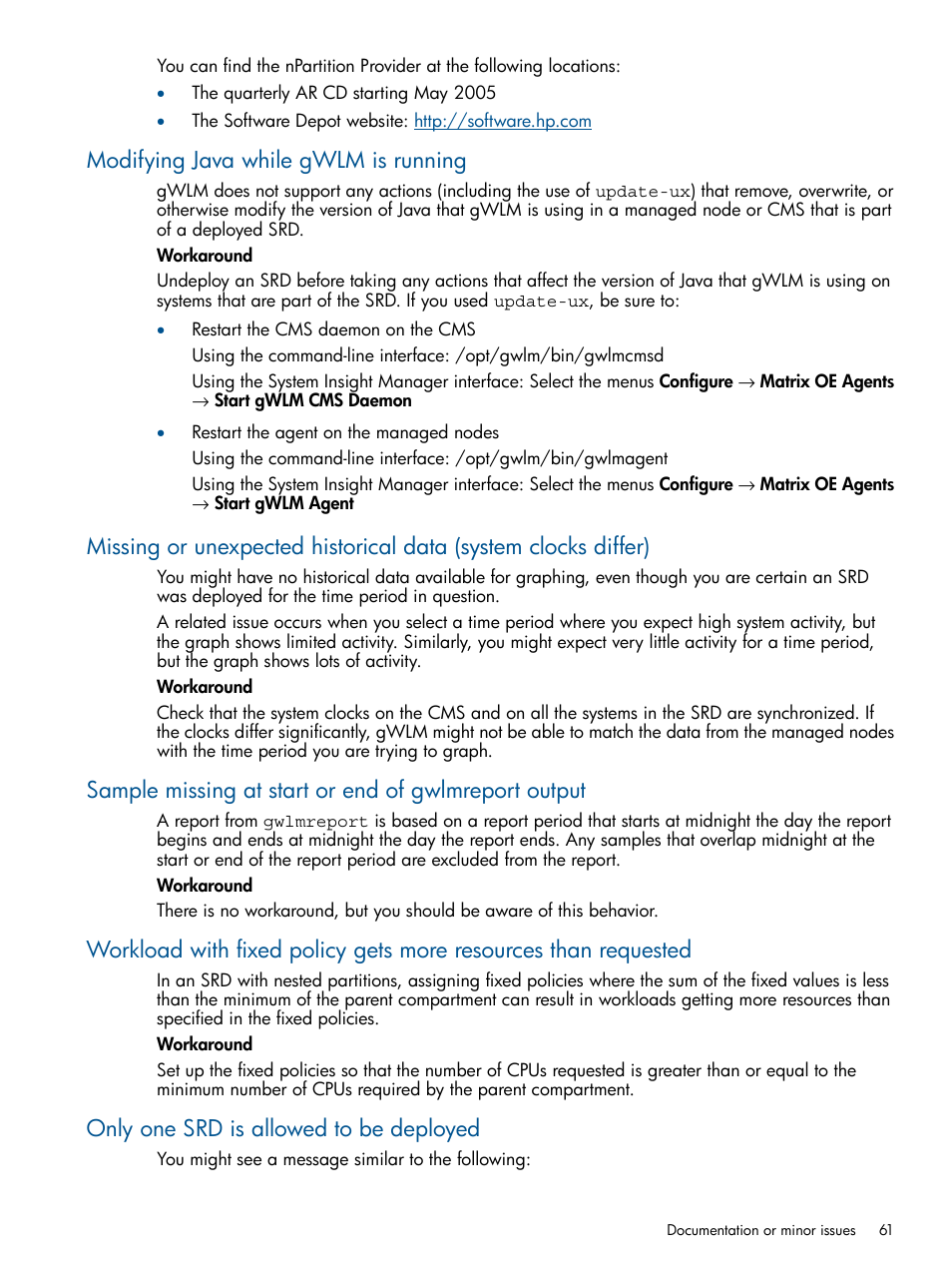 Modifying java while gwlm is running, Only one srd is allowed to be deployed | HP Matrix Operating Environment Software User Manual | Page 61 / 67