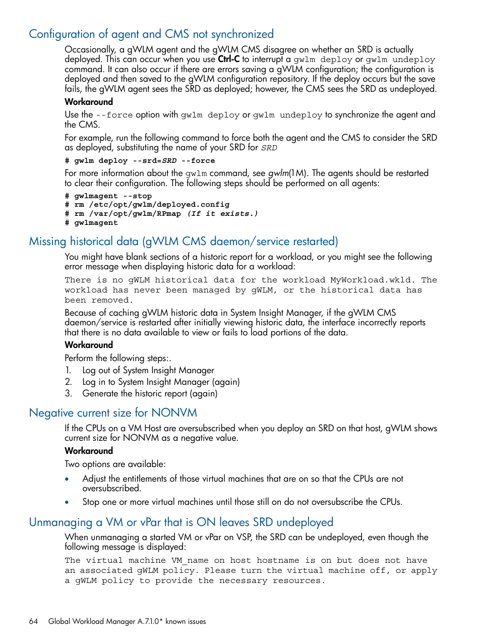 Configuration of agent and cms not synchronized, Negative current size for nonvm | HP Matrix Operating Environment Software User Manual | Page 64 / 67