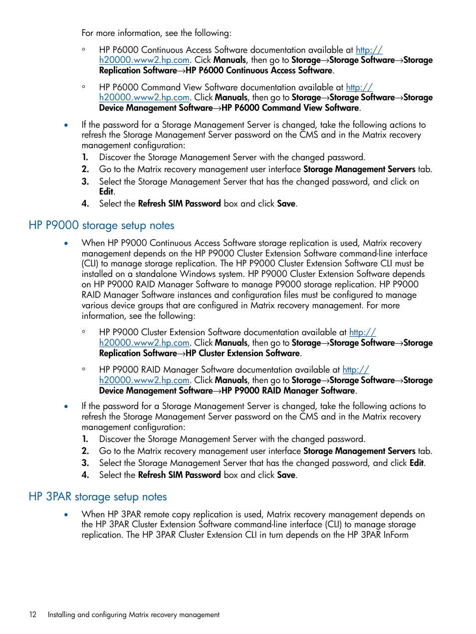 Hp p9000 storage setup notes, Hp 3par storage setup notes | HP Matrix Operating Environment Software User Manual | Page 12 / 71