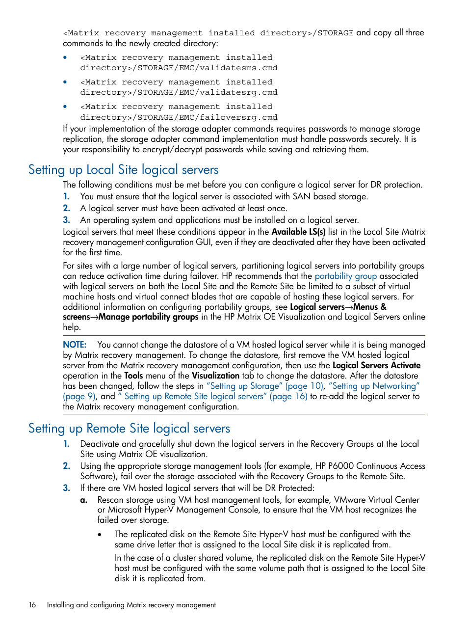 Setting up local site logical servers, Setting up remote site logical servers | HP Matrix Operating Environment Software User Manual | Page 16 / 71