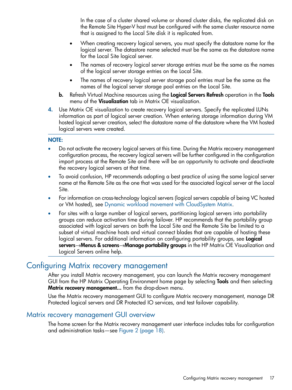 Configuring matrix recovery management, Matrix recovery management gui overview | HP Matrix Operating Environment Software User Manual | Page 17 / 71