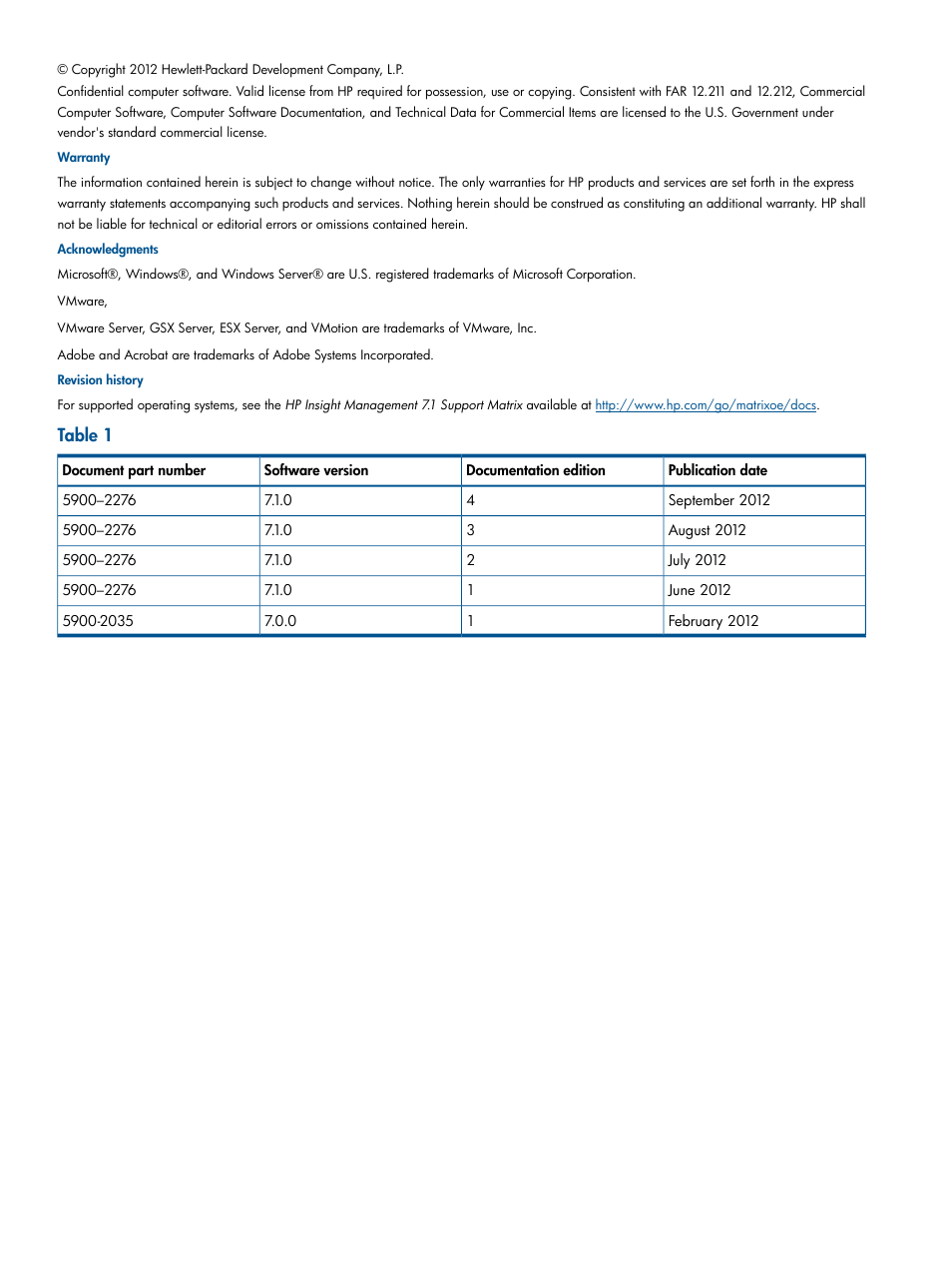 Table 1 | HP Matrix Operating Environment Software User Manual | Page 2 / 71