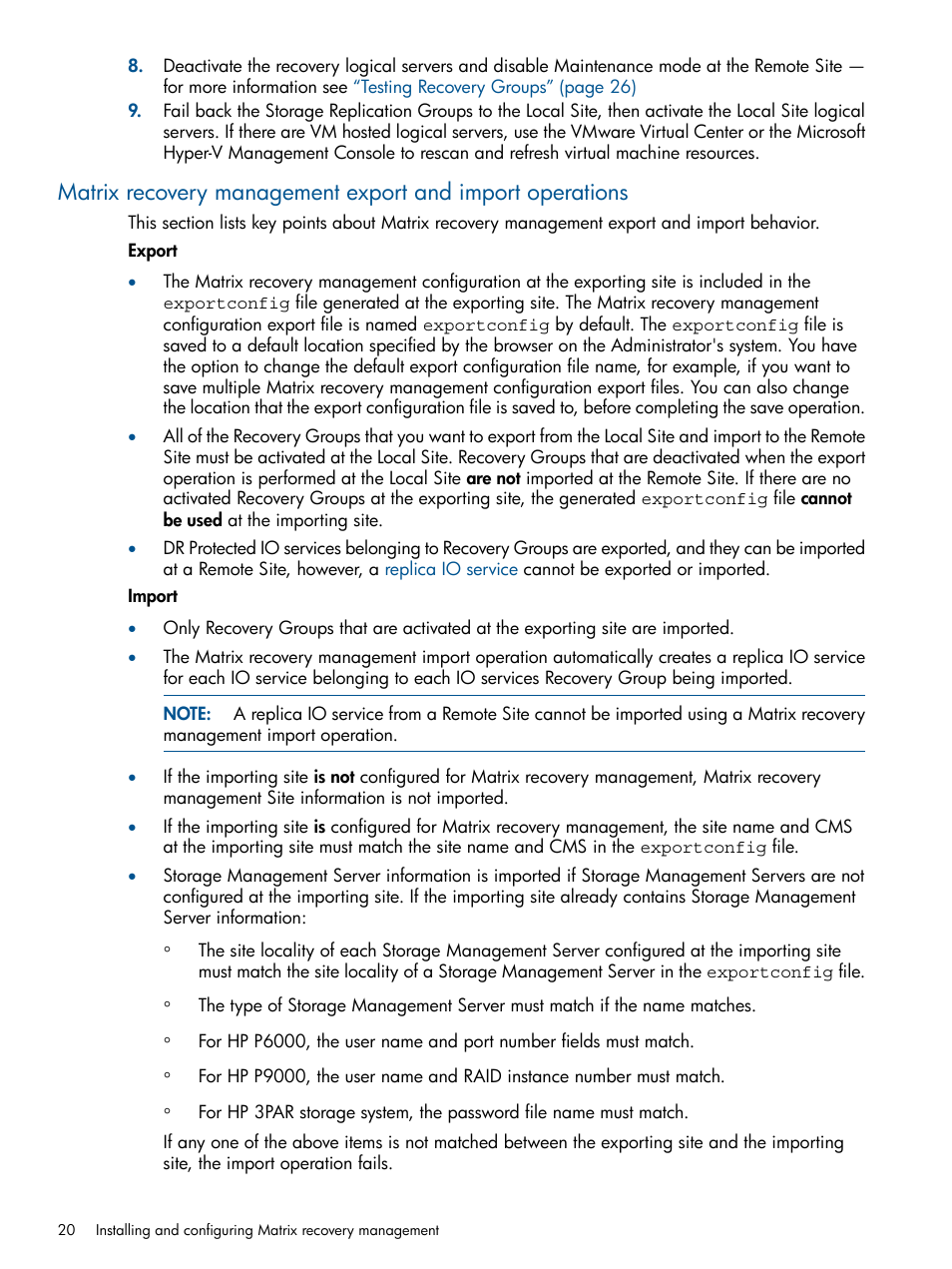 Matrix recovery management export and import | HP Matrix Operating Environment Software User Manual | Page 20 / 71