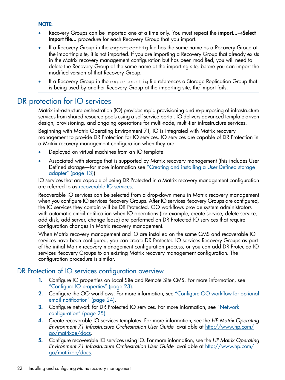 Dr protection for io services | HP Matrix Operating Environment Software User Manual | Page 22 / 71