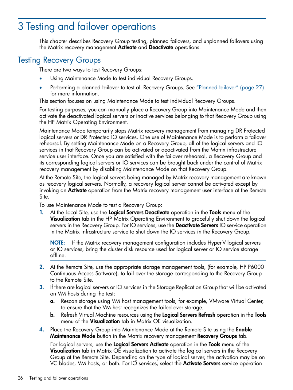 3 testing and failover operations, Testing recovery groups, Testing recovery | HP Matrix Operating Environment Software User Manual | Page 26 / 71