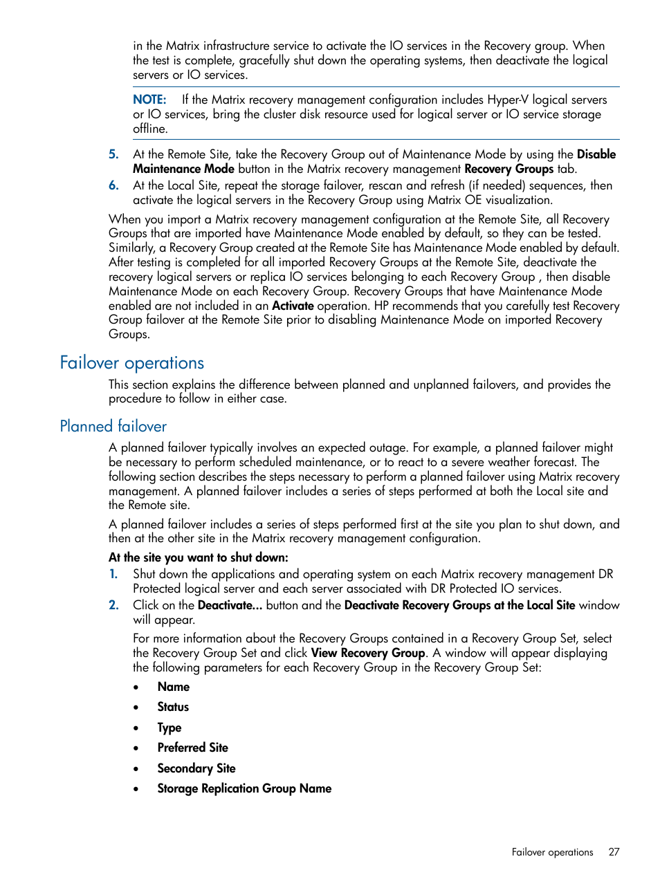 Failover operations, Planned failover | HP Matrix Operating Environment Software User Manual | Page 27 / 71