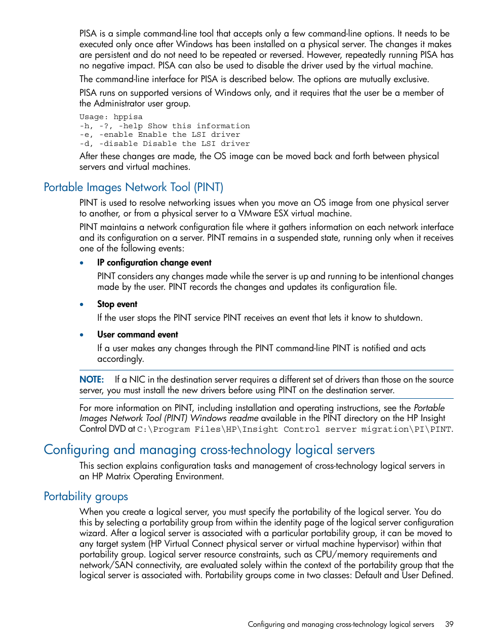 Portable images network tool (pint), Portability groups | HP Matrix Operating Environment Software User Manual | Page 39 / 71