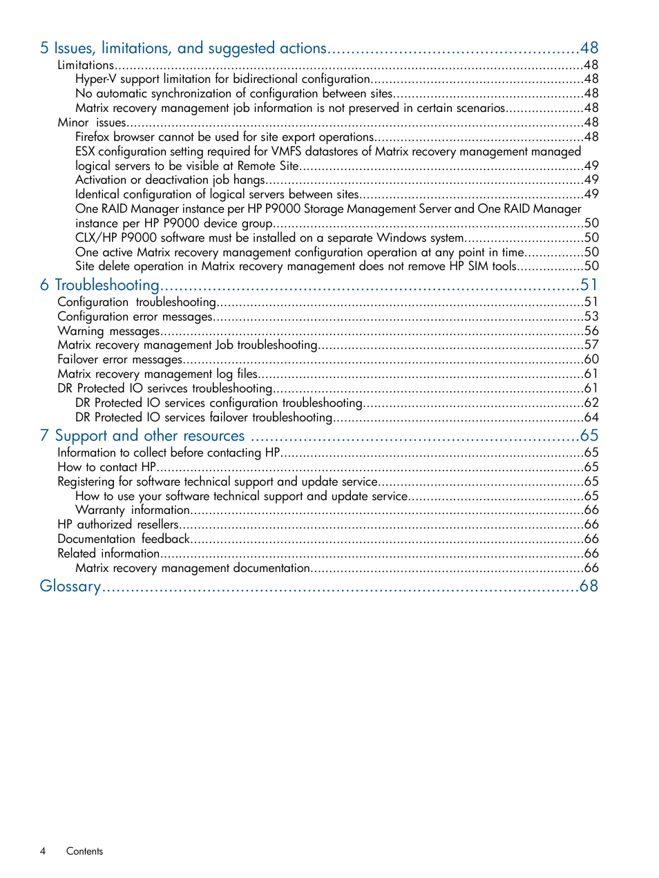 5 issues, limitations, and suggested actions, 6 troubleshooting, 7 support and other resources | Glossary | HP Matrix Operating Environment Software User Manual | Page 4 / 71