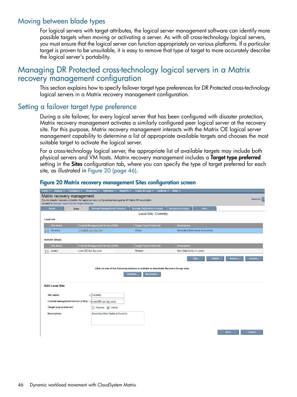 Moving between blade types, Setting a failover target type preference | HP Matrix Operating Environment Software User Manual | Page 46 / 71