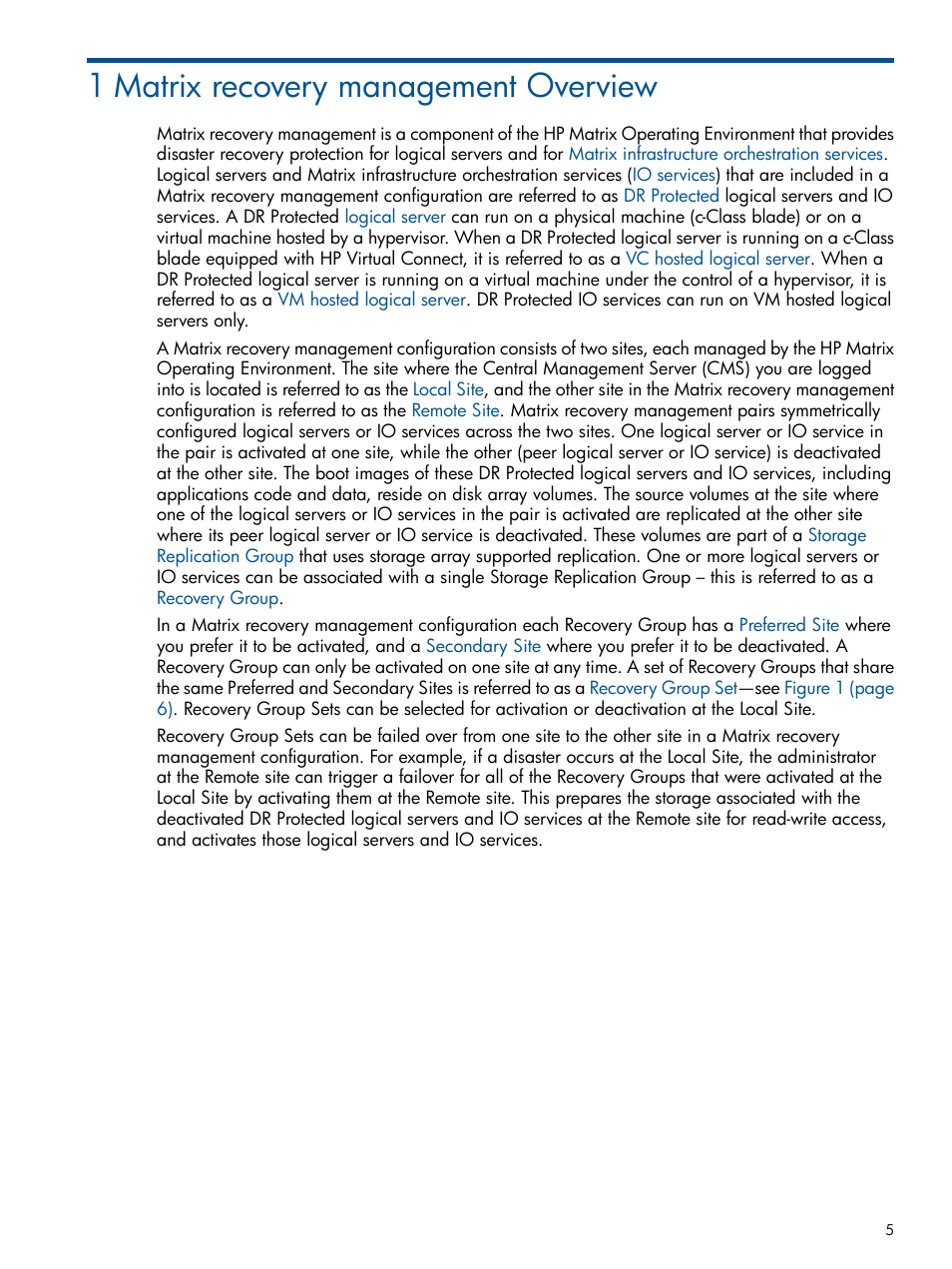 1 matrix recovery management overview | HP Matrix Operating Environment Software User Manual | Page 5 / 71