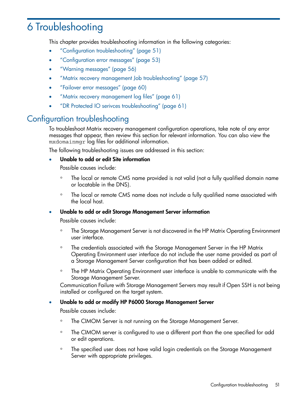 6 troubleshooting, Configuration troubleshooting | HP Matrix Operating Environment Software User Manual | Page 51 / 71