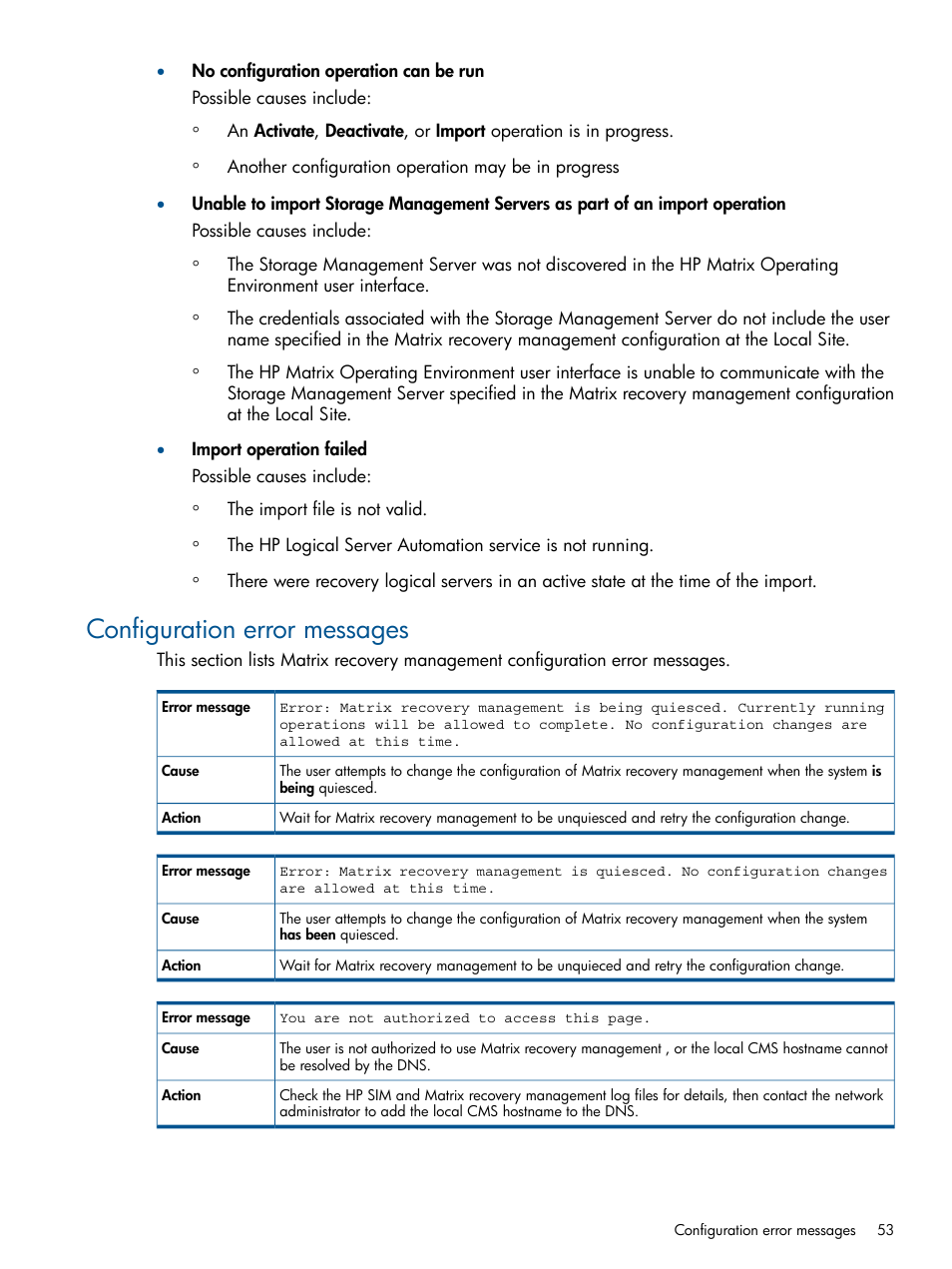 Configuration error messages | HP Matrix Operating Environment Software User Manual | Page 53 / 71