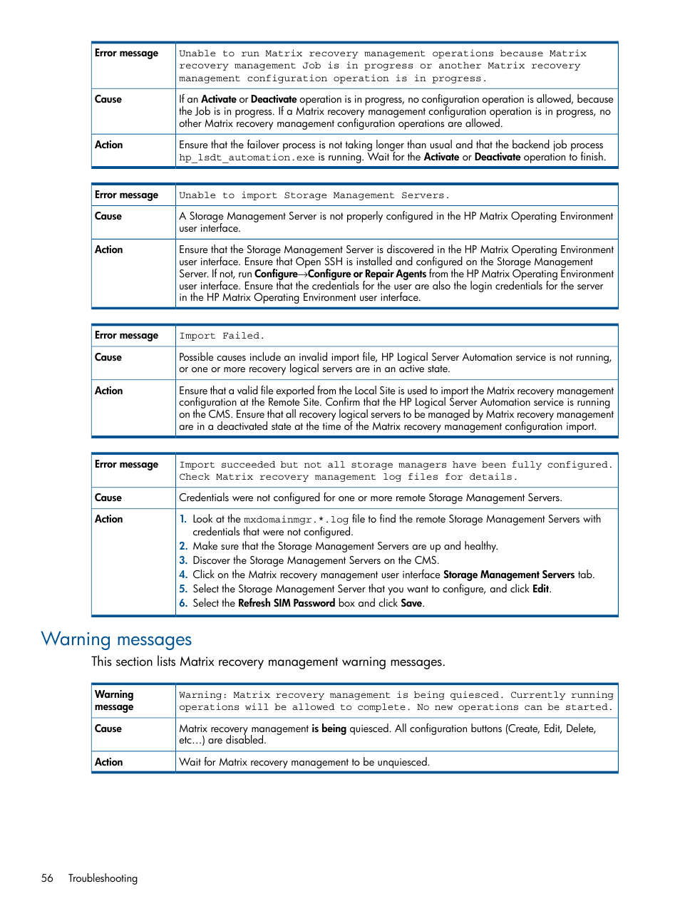Warning messages | HP Matrix Operating Environment Software User Manual | Page 56 / 71