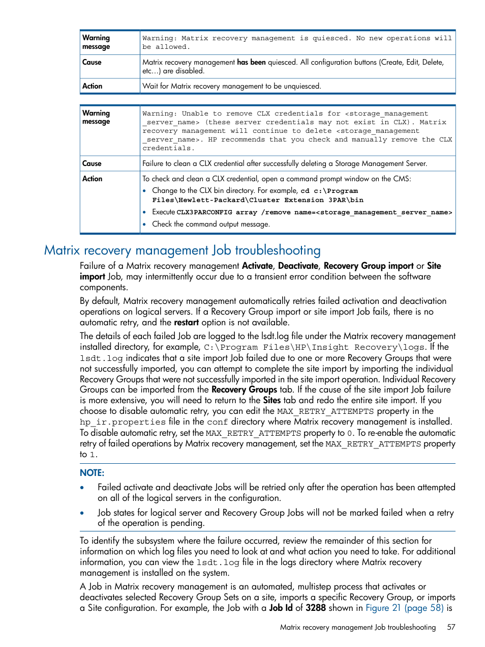 Matrix recovery management job troubleshooting | HP Matrix Operating Environment Software User Manual | Page 57 / 71