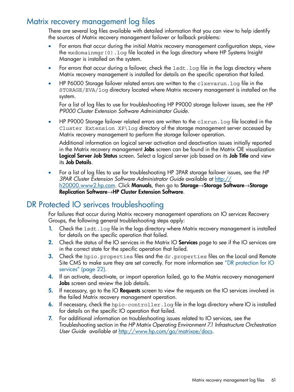 Matrix recovery management log files, Dr protected io serivces troubleshooting | HP Matrix Operating Environment Software User Manual | Page 61 / 71