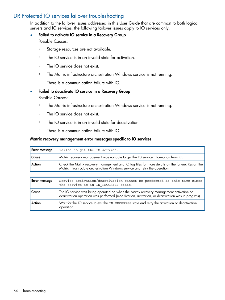 Dr protected io services failover troubleshooting | HP Matrix Operating Environment Software User Manual | Page 64 / 71