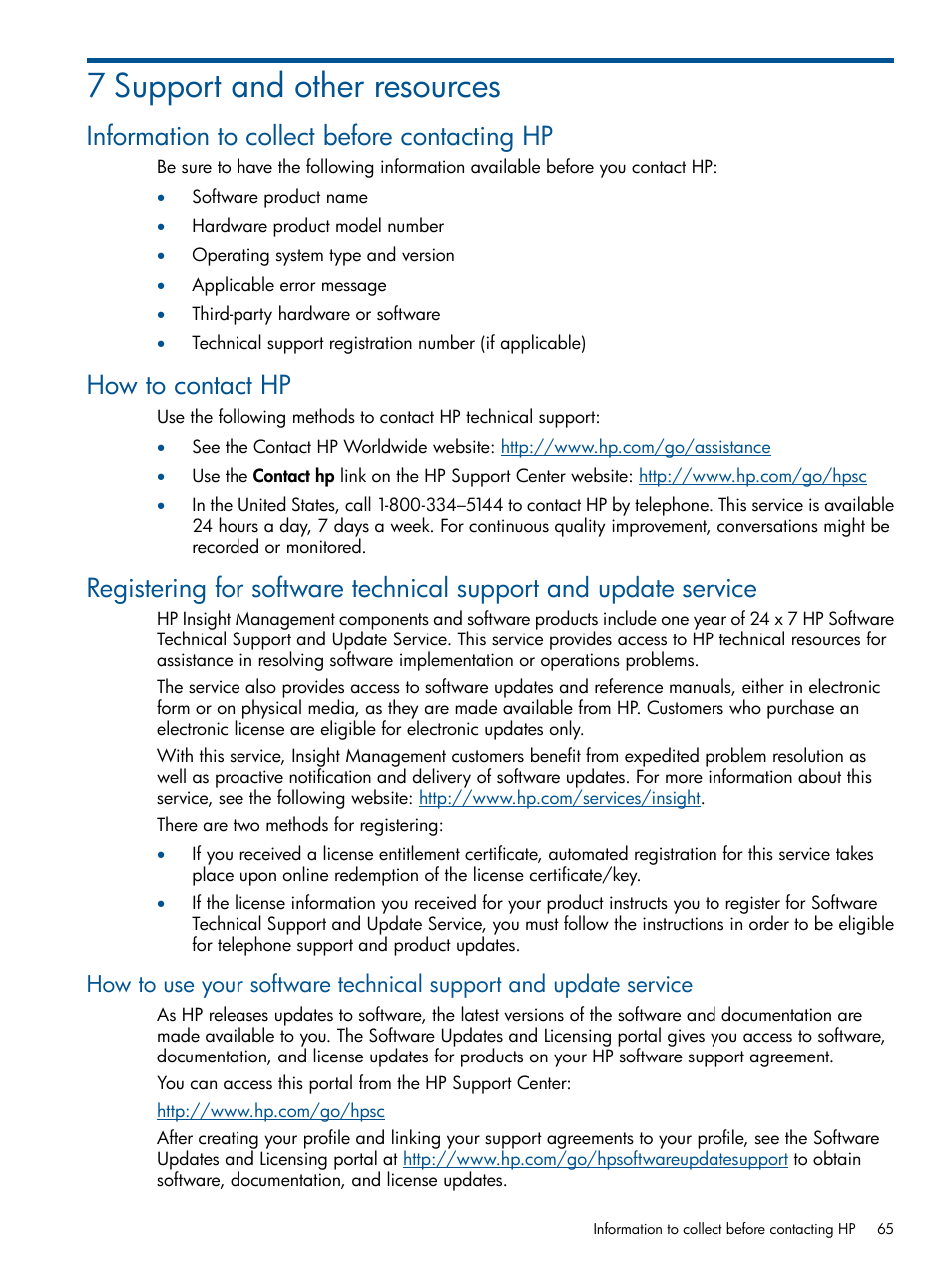 7 support and other resources, Information to collect before contacting hp, How to contact hp | HP Matrix Operating Environment Software User Manual | Page 65 / 71