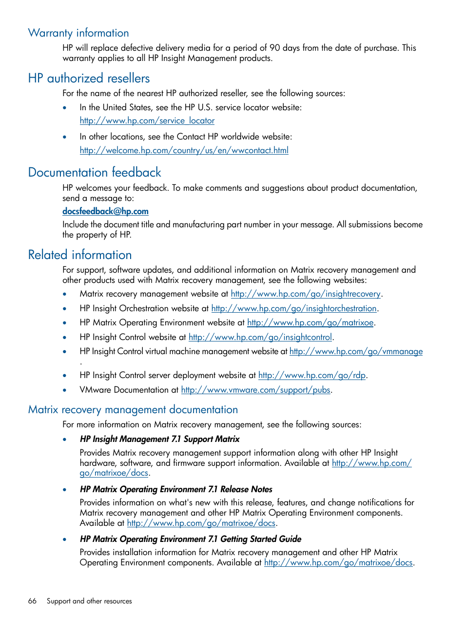 Warranty information, Hp authorized resellers, Documentation feedback | Related information, Matrix recovery management documentation | HP Matrix Operating Environment Software User Manual | Page 66 / 71