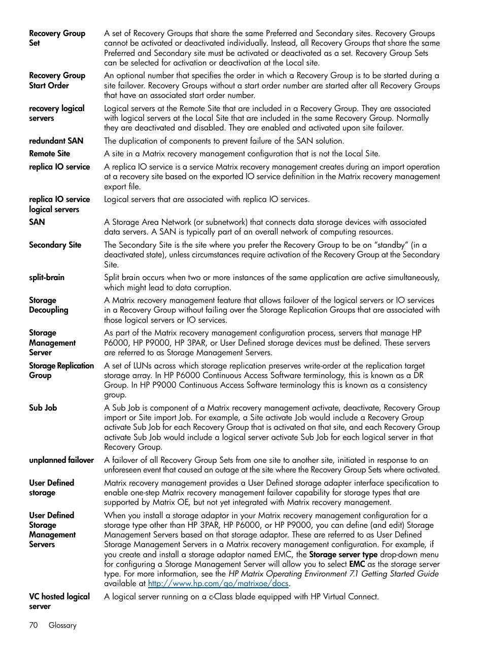 Vc hosted logical server, Remote site, Storage | Replication group, Secondary site, Recovery group set, User defined storage, Storage management server, Storage decoupling | HP Matrix Operating Environment Software User Manual | Page 70 / 71