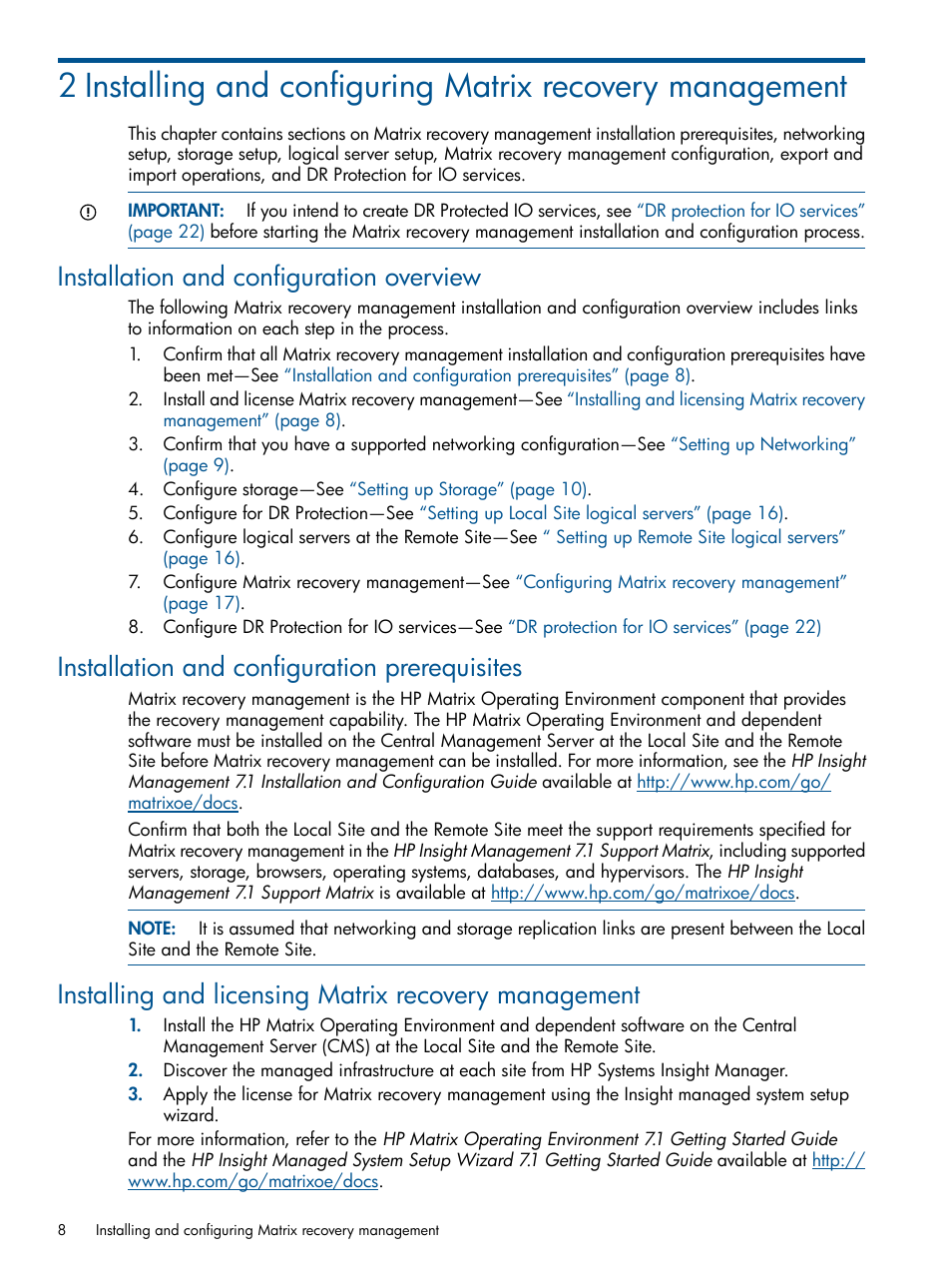 Installation and configuration overview, Installation and configuration prerequisites | HP Matrix Operating Environment Software User Manual | Page 8 / 71