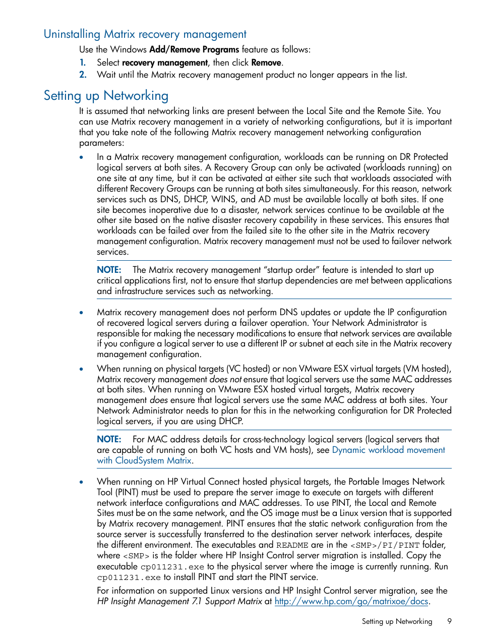 Uninstalling matrix recovery management, Setting up networking | HP Matrix Operating Environment Software User Manual | Page 9 / 71