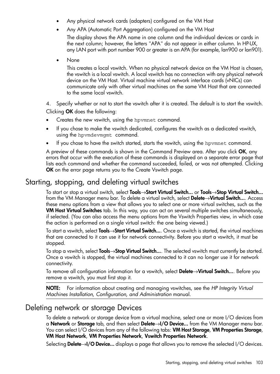 Starting, stopping, and deleting virtual switches, Deleting network or storage devices | HP Matrix Operating Environment Software User Manual | Page 103 / 128