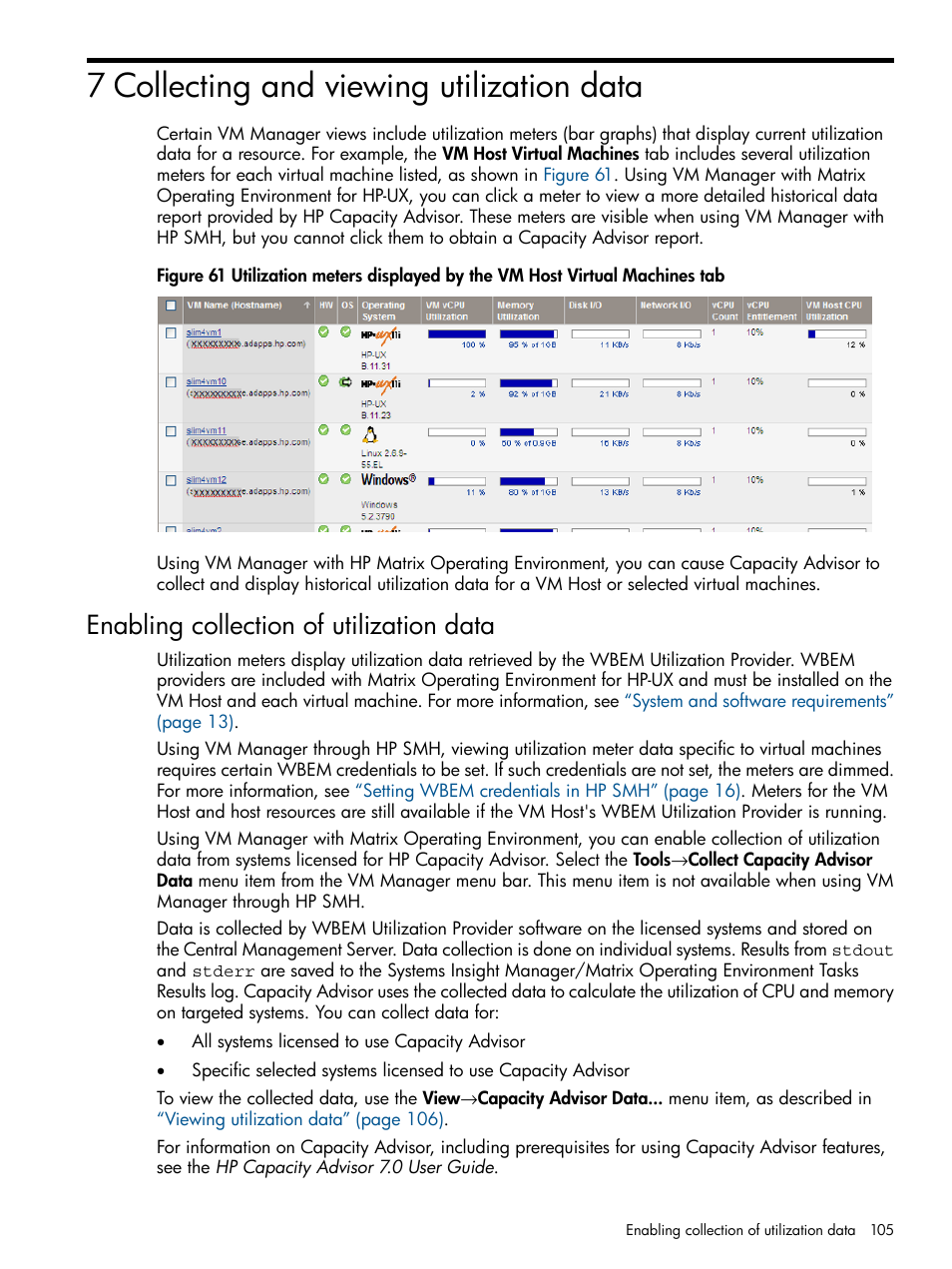 7 collecting and viewing utilization data, Enabling collection of utilization data, Chapter 7 | HP Matrix Operating Environment Software User Manual | Page 105 / 128