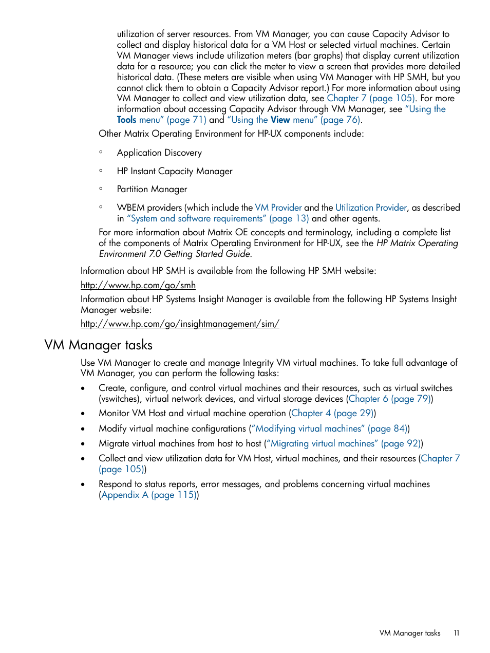 Vm manager tasks | HP Matrix Operating Environment Software User Manual | Page 11 / 128