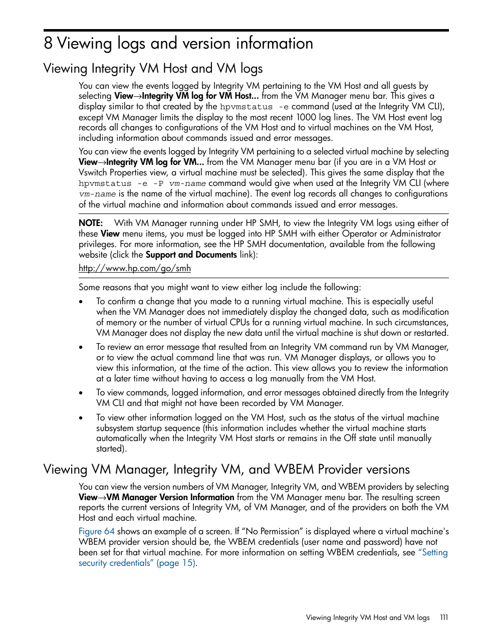 8 viewing logs and version information, Viewing integrity vm host and vm logs, Viewing vm | Viewing integrity vm host and | HP Matrix Operating Environment Software User Manual | Page 111 / 128