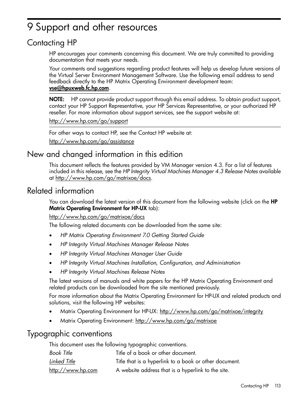 9 support and other resources, Contacting hp, New and changed information in this edition | Related information, Typographic conventions | HP Matrix Operating Environment Software User Manual | Page 113 / 128