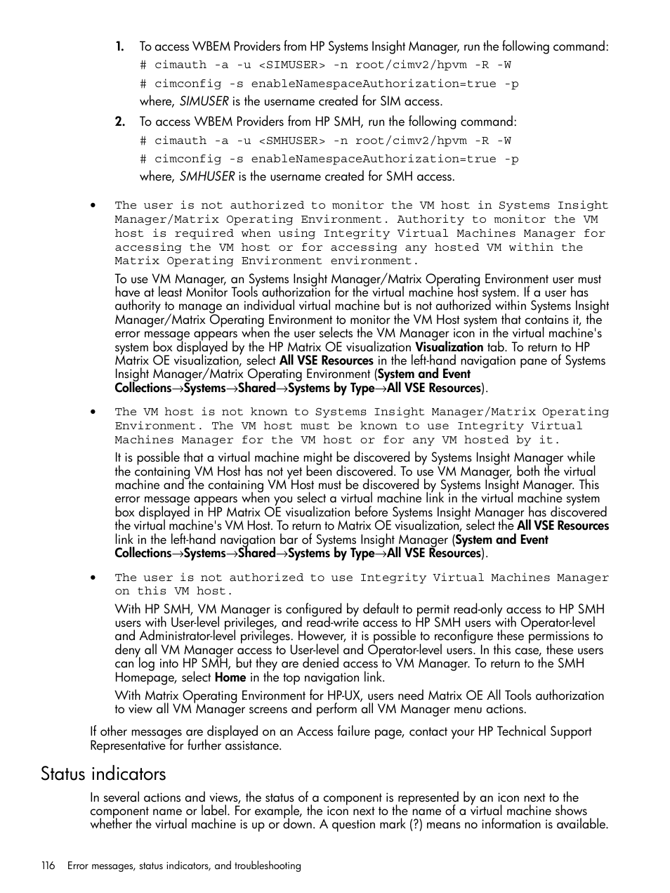 Status indicators | HP Matrix Operating Environment Software User Manual | Page 116 / 128