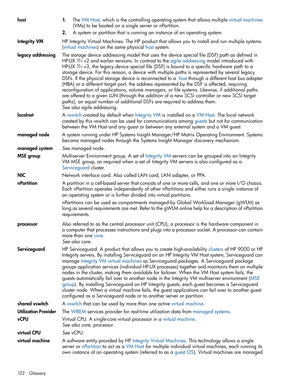 Utilization provider, Integrity vm, Legacy | Addressing, Virtual machine, Virtual, Machine, Vcpu | HP Matrix Operating Environment Software User Manual | Page 122 / 128