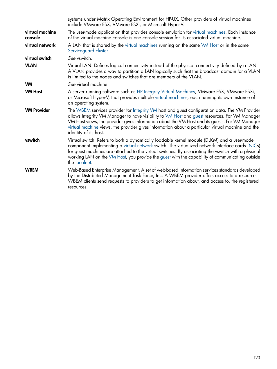 Vm provider, Vm host, Vswitch | Wbem | HP Matrix Operating Environment Software User Manual | Page 123 / 128