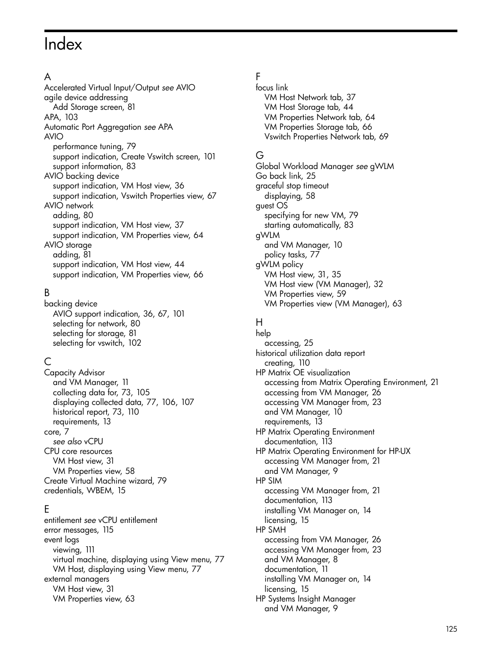 Index | HP Matrix Operating Environment Software User Manual | Page 125 / 128