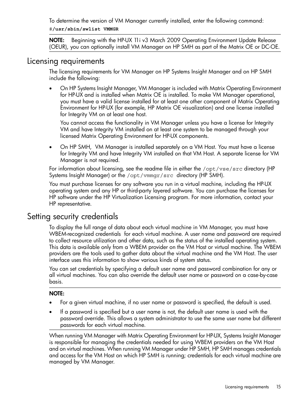 Licensing requirements, Setting security credentials | HP Matrix Operating Environment Software User Manual | Page 15 / 128