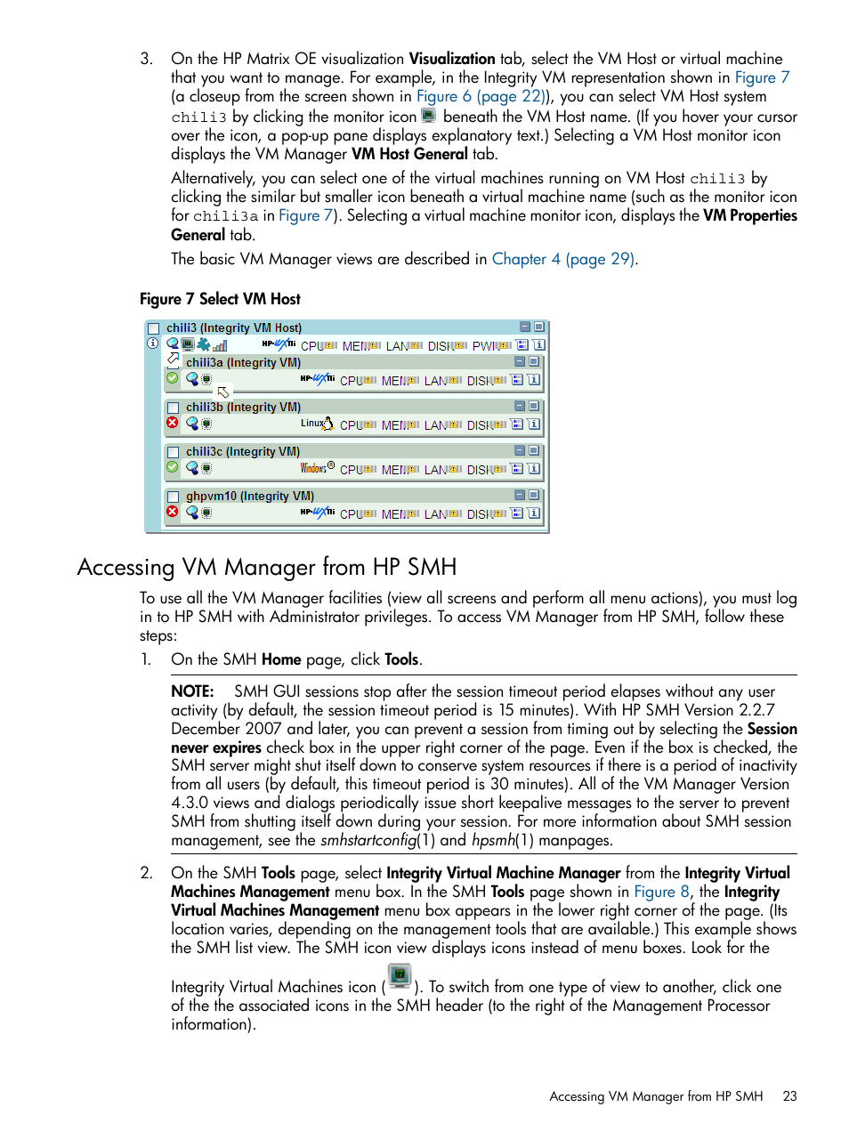 Accessing vm manager from hp smh | HP Matrix Operating Environment Software User Manual | Page 23 / 128