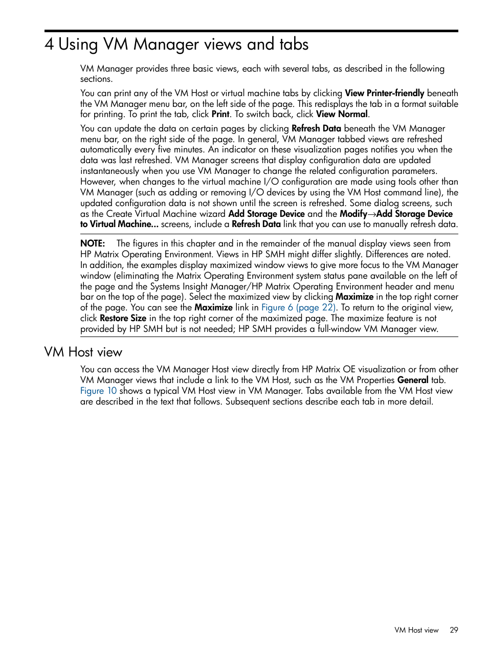 4 using vm manager views and tabs, Vm host view, Chapter 4 | HP Matrix Operating Environment Software User Manual | Page 29 / 128
