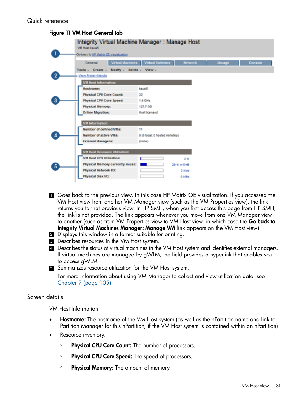 Quick reference, Screen details, Quick reference screen details | HP Matrix Operating Environment Software User Manual | Page 31 / 128