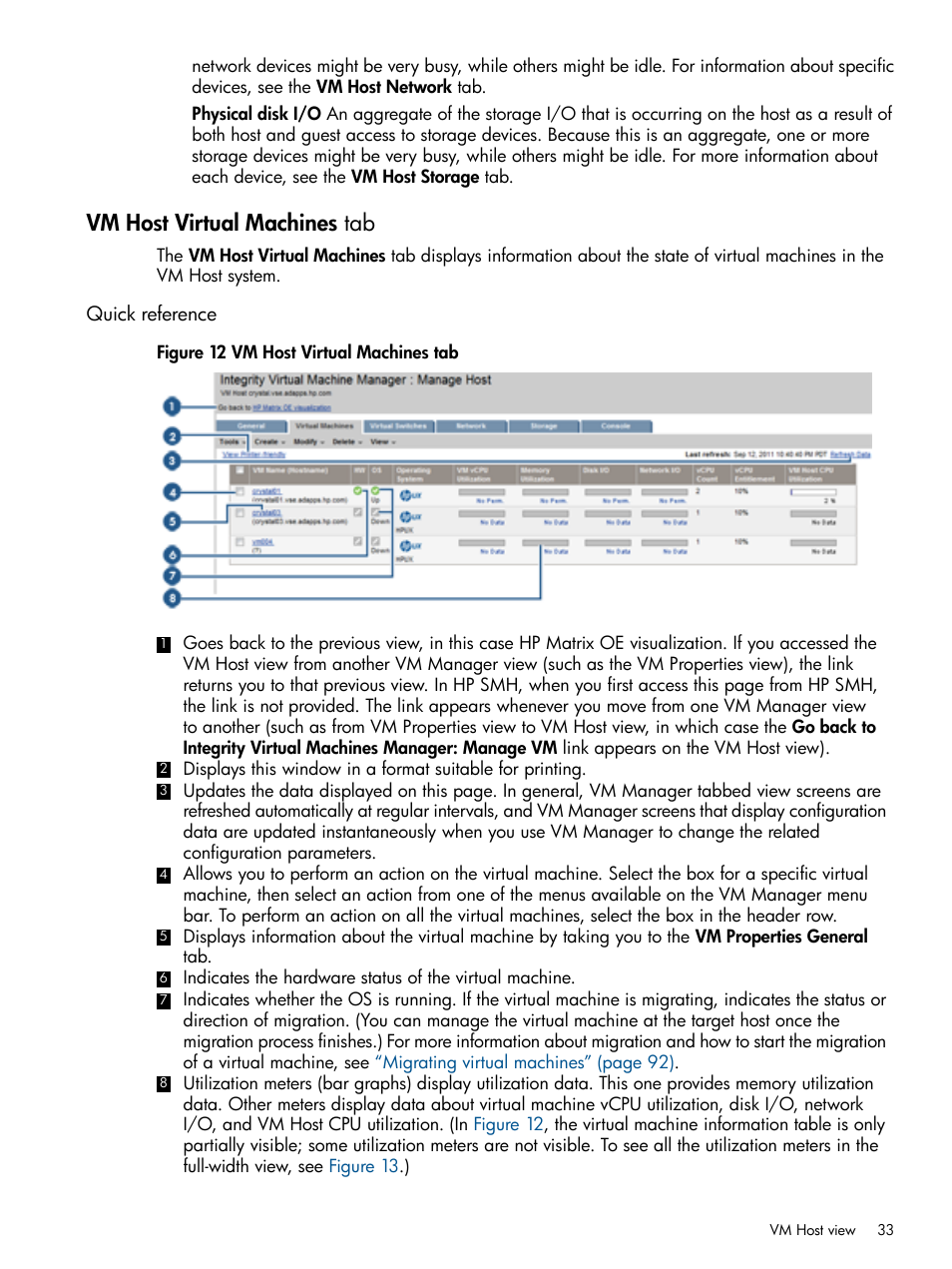 Vm host virtual machines tab, Quick reference, Vm host virtual | HP Matrix Operating Environment Software User Manual | Page 33 / 128