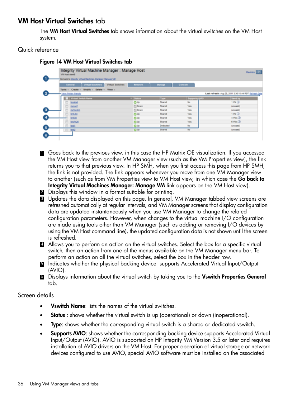 Vm host virtual switches tab, Quick reference, Screen details | Quick reference screen details | HP Matrix Operating Environment Software User Manual | Page 36 / 128