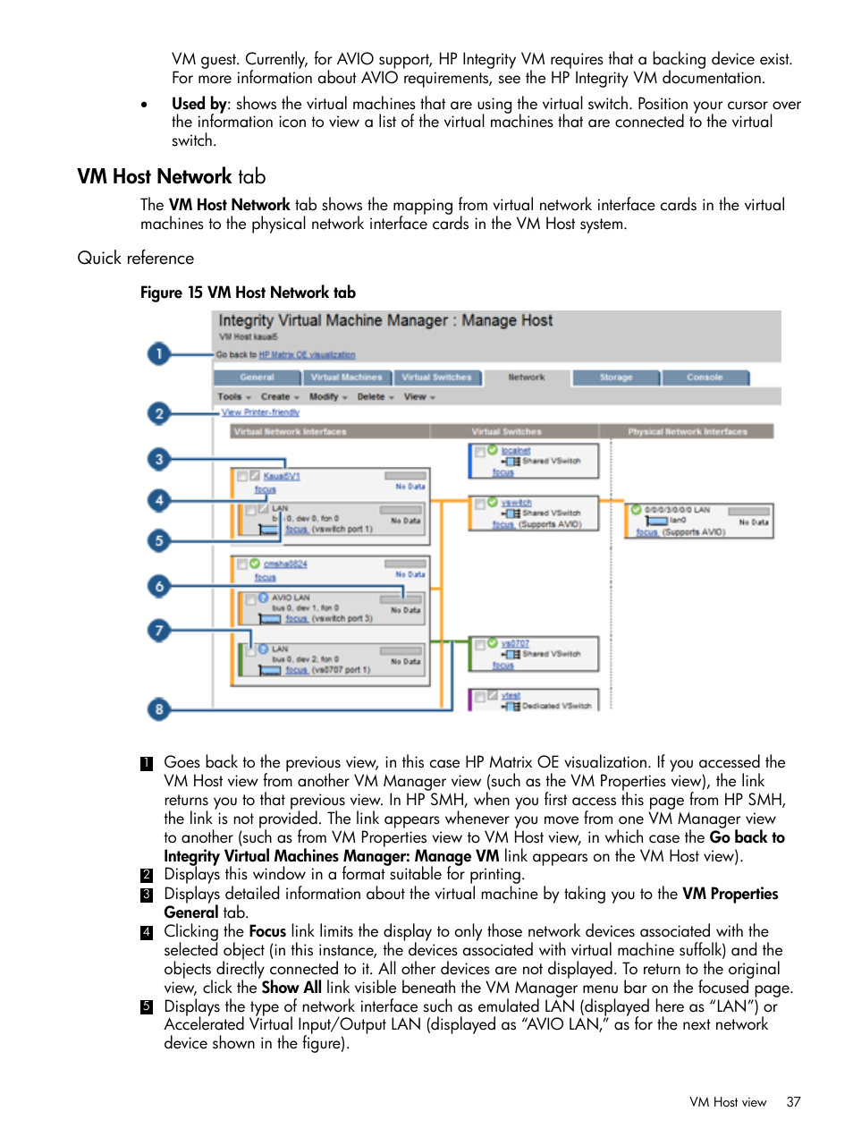 Vm host network tab, Quick reference | HP Matrix Operating Environment Software User Manual | Page 37 / 128