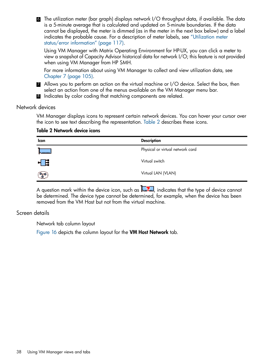 Network devices, Screen details, Network devices screen details | HP Matrix Operating Environment Software User Manual | Page 38 / 128