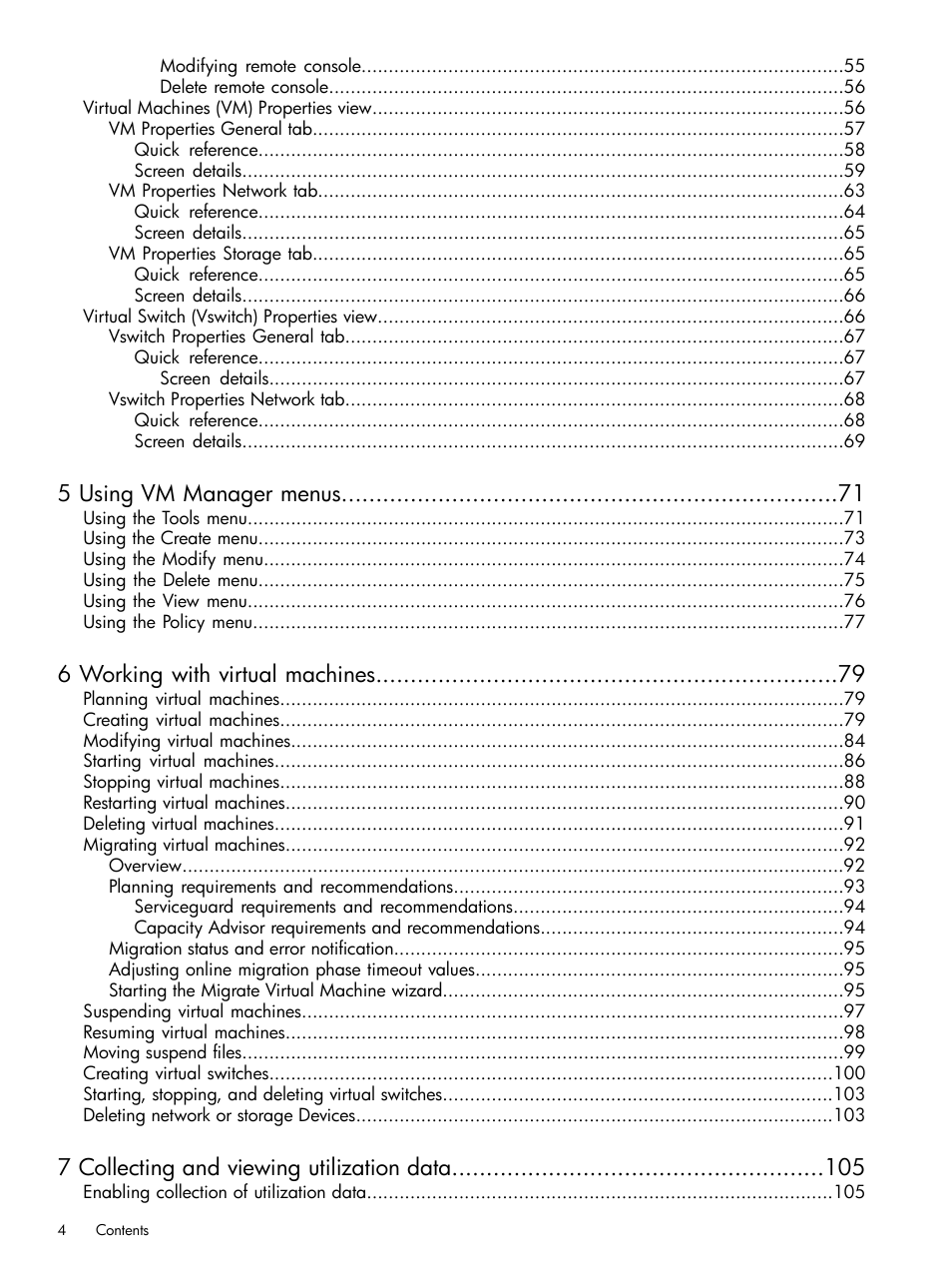 5 using vm manager menus, 6 working with virtual machines, 7 collecting and viewing utilization data | HP Matrix Operating Environment Software User Manual | Page 4 / 128